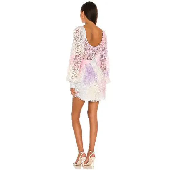LoveShackFancy‎ Alela Long Sleeve Lace Tie Dye Ombre Pastel Mini Dress Size 2 - Picture 3 of 6